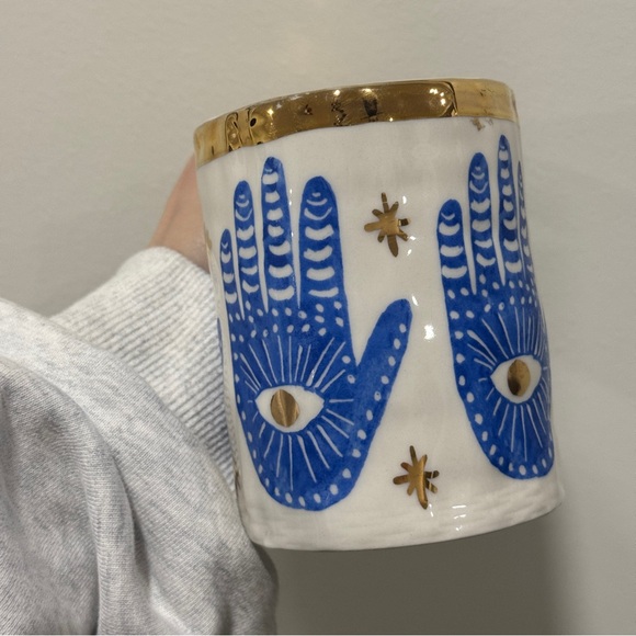 Anthropologie insight Mug Hamsa Coffee Tea evil eye gold hands stars protection - Picture 4 of 10